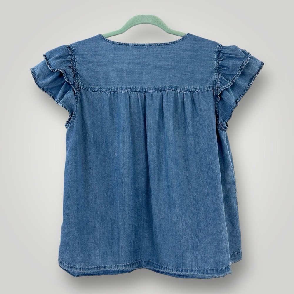 JANE + DELANCEY Chambray Ruffle Top Womans Size M Blue Cap Sleeves Pullover - Picture 3 of 7